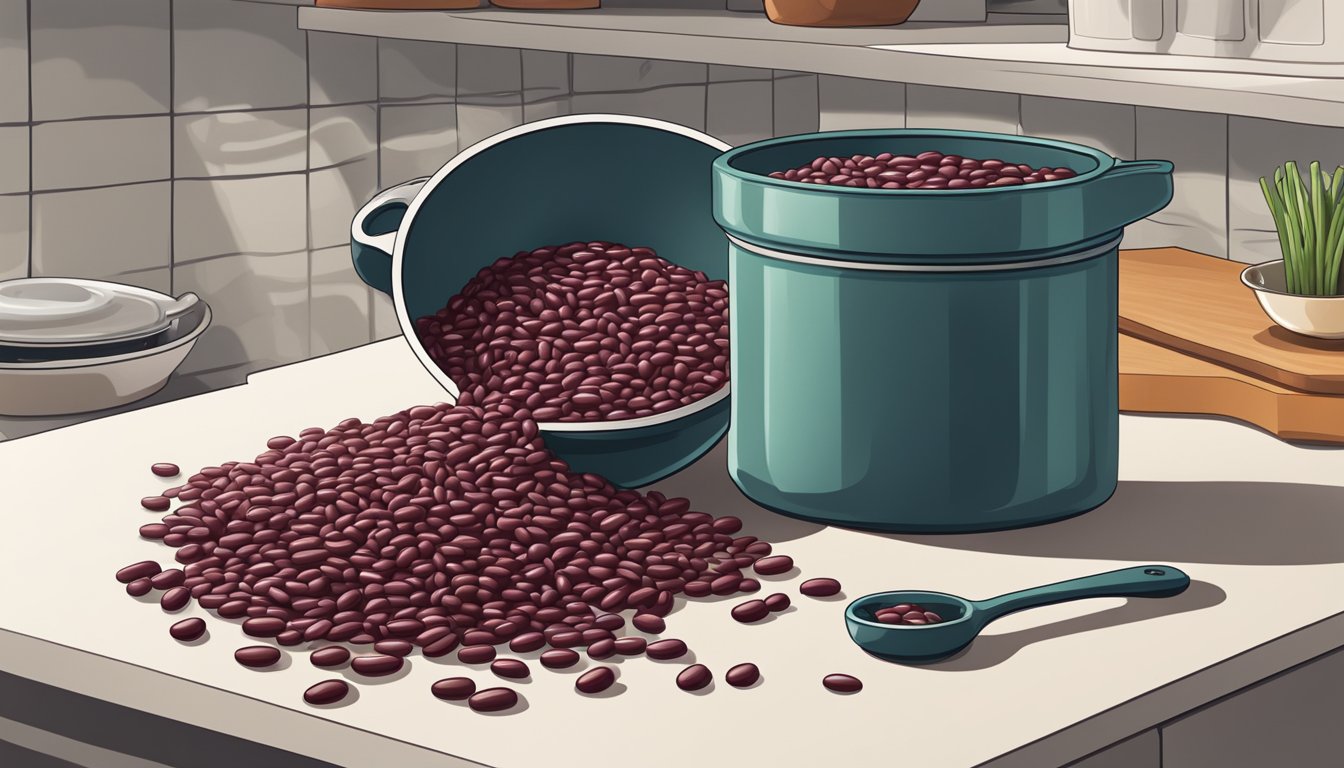 A pot of kidney beans overflowing onto a kitchen counter, with a measuring cup nearby