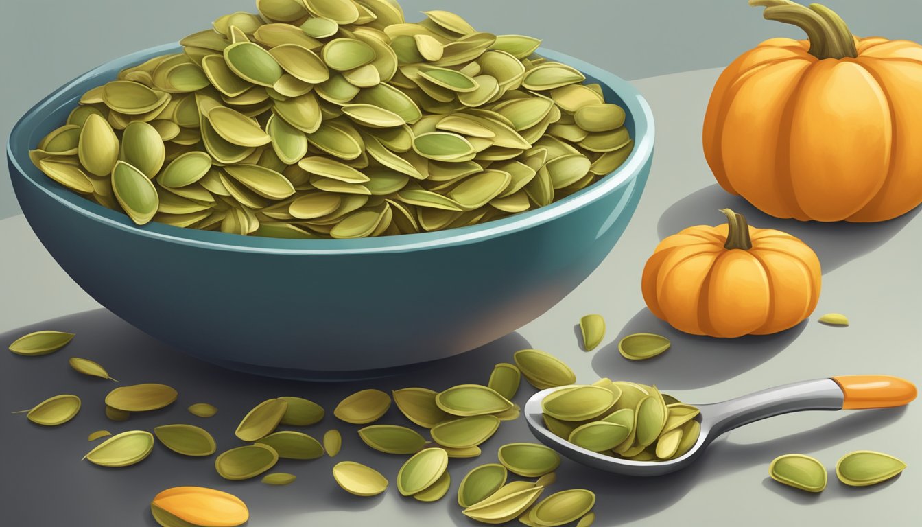 A small bowl of pumpkin seeds overflowing onto a table, with a measuring spoon nearby