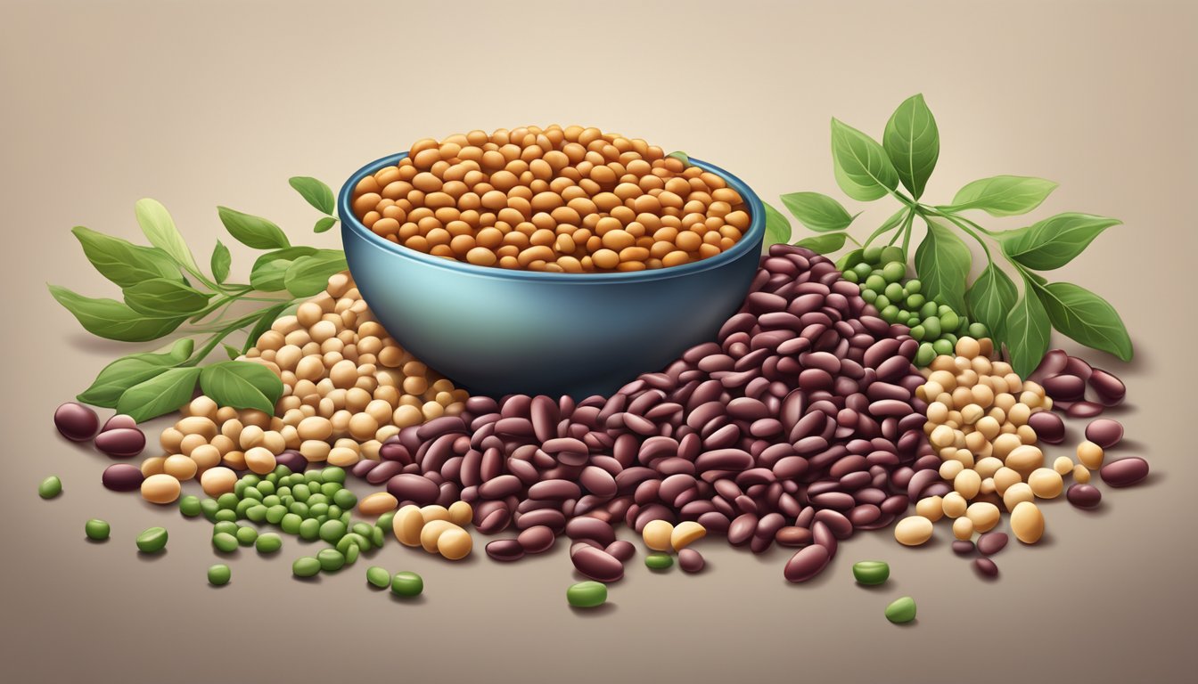 A pile of kidney beans spilling out of a measuring cup, surrounded by various other legumes like lentils and chickpeas