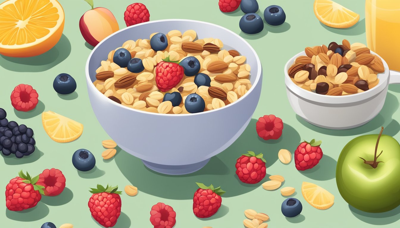 A bowl of various healthy cereals surrounded by fresh fruits and nuts, with a measuring cup next to it