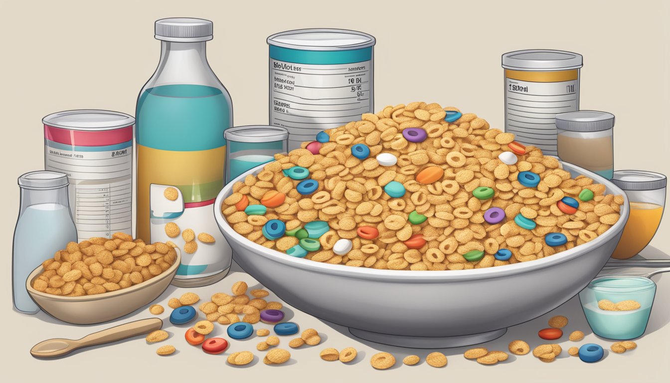 A bowl overflowing with cereal, surrounded by measuring cups and a nutrition label