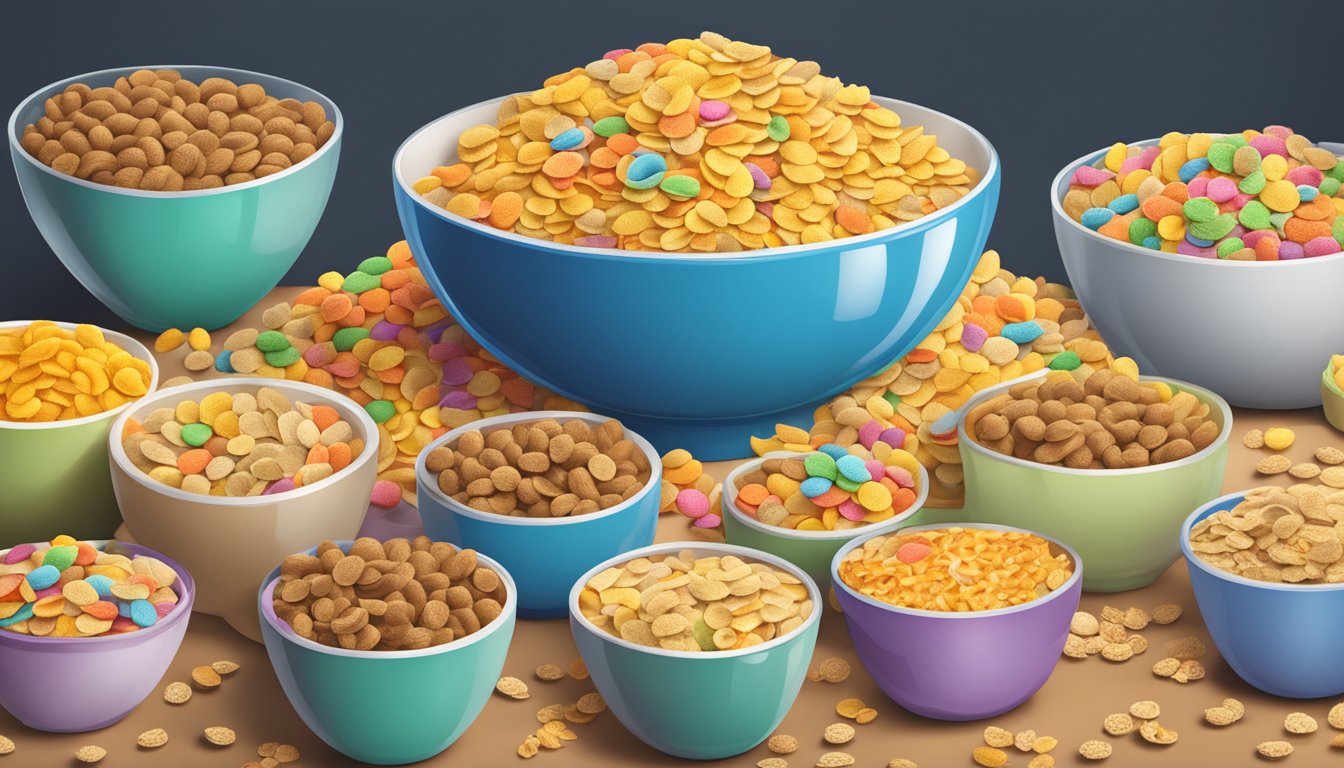 A bowl overflowing with cereal, surrounded by multiple empty cereal boxes