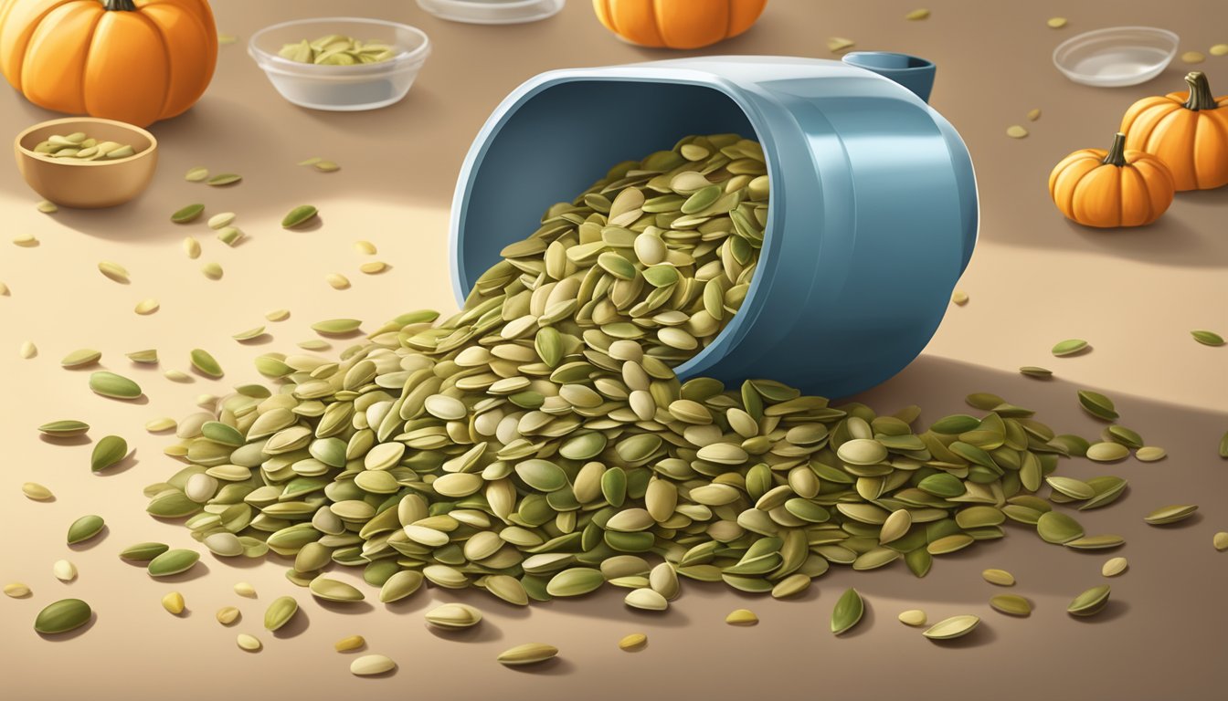 A pile of pumpkin seeds overflowing from a measuring cup onto a table, with scattered seeds in the background