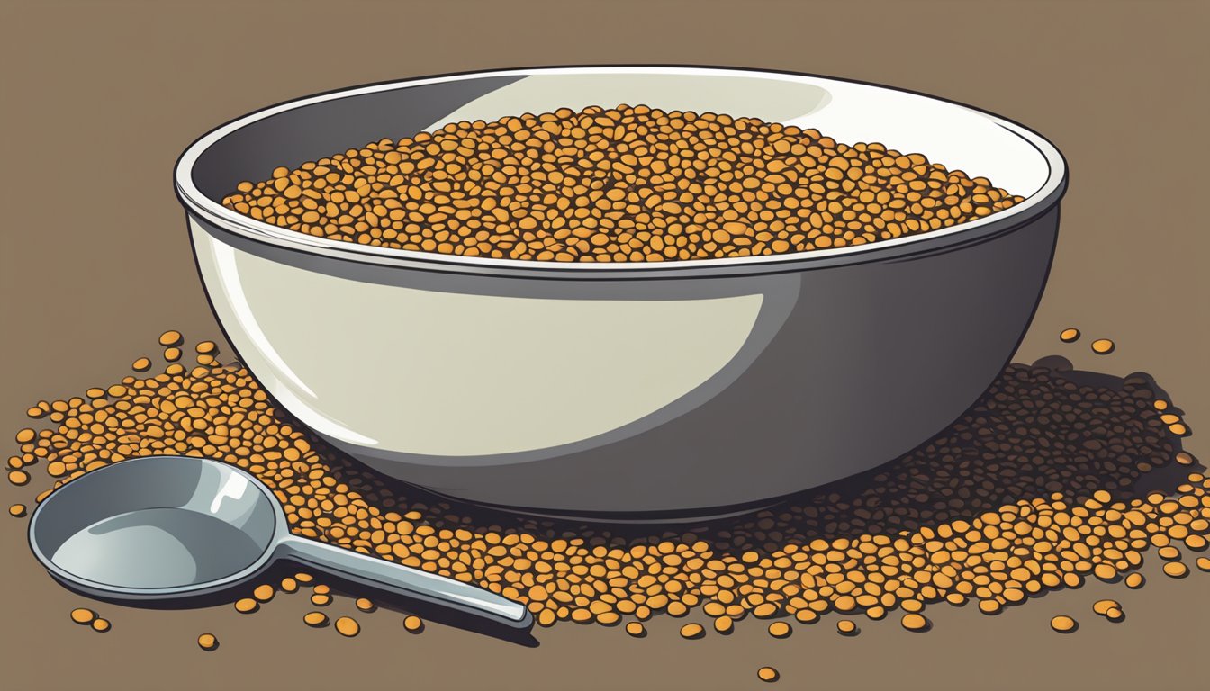 A bowl overflowing with lentils, a measuring cup next to it, and a caution sign indicating excessive consumption