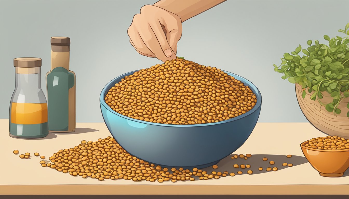 A person measuring out an excessive amount of lentils into a large bowl