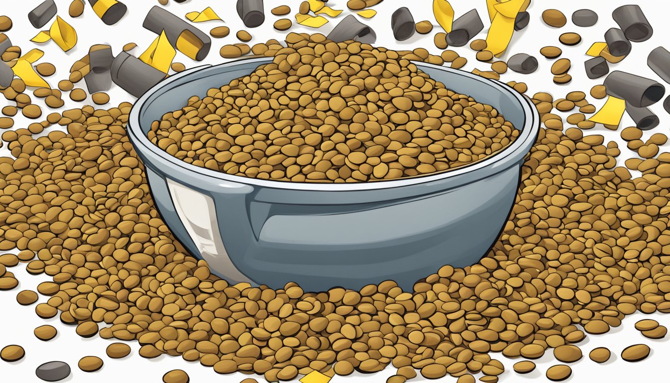 A pile of overflowing lentils spilling out of a measuring cup, surrounded by warning signs and caution tape