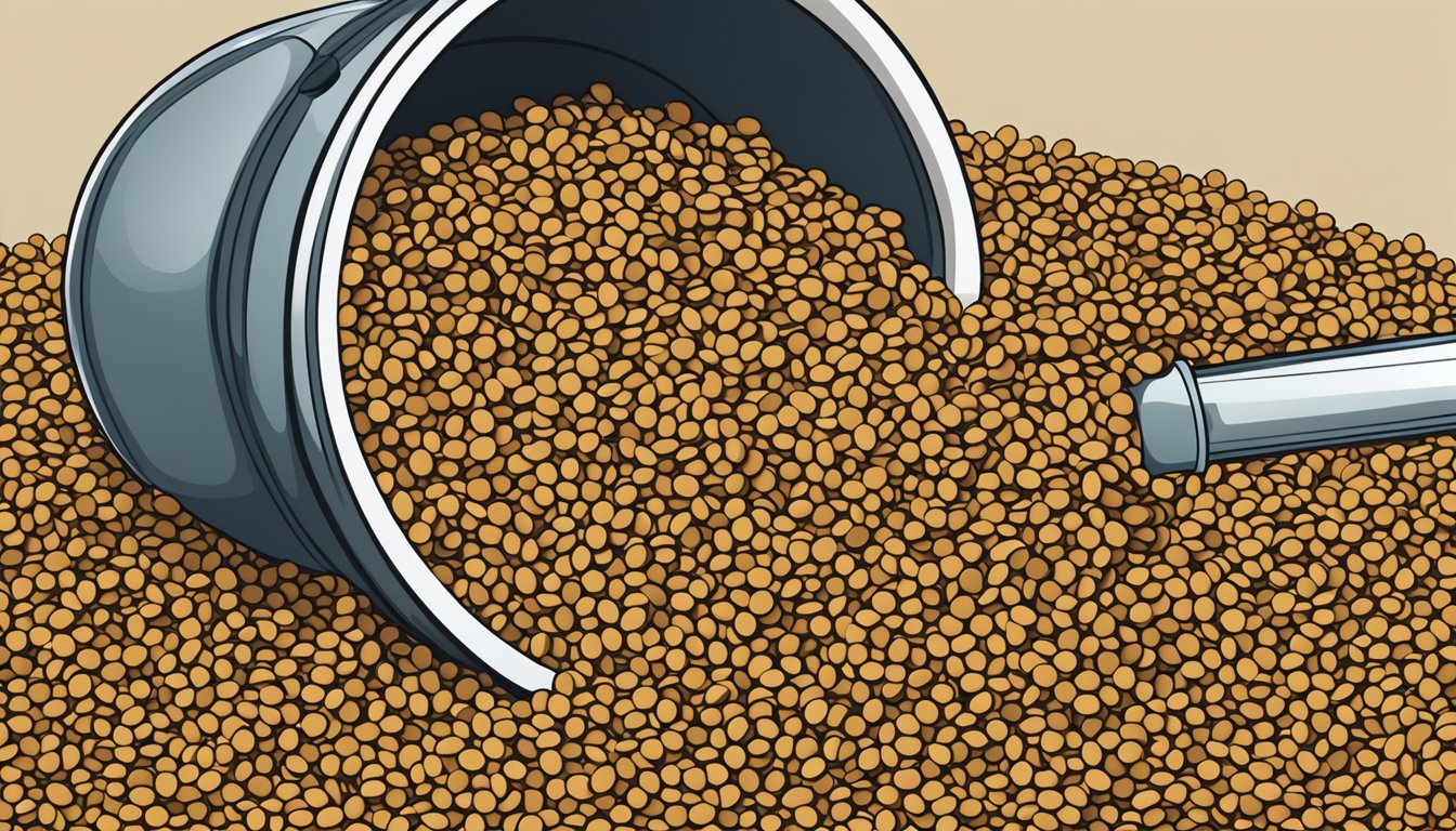 A large pile of lentils spilling out of a measuring cup, with a warning sign next to it