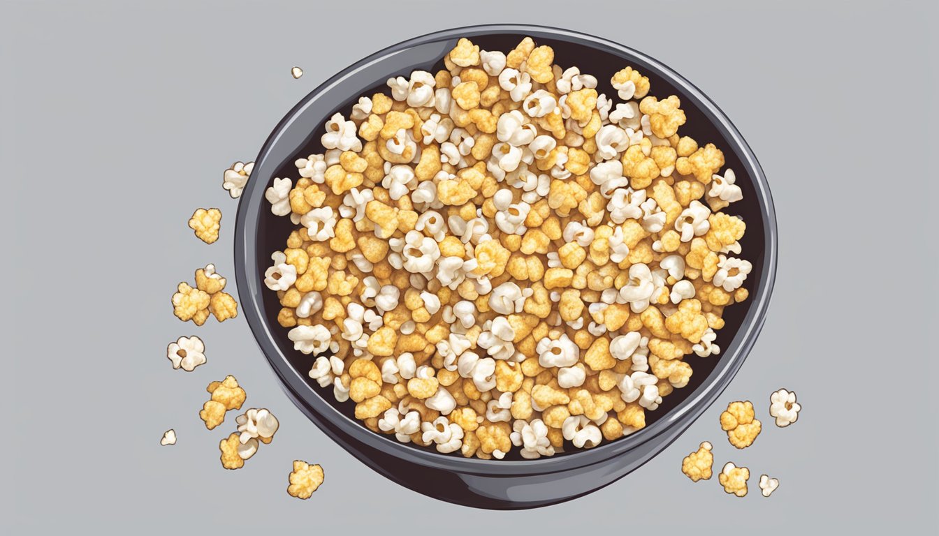 A bowl overflowing with popcorn, scattered kernels, and a measuring cup nearby