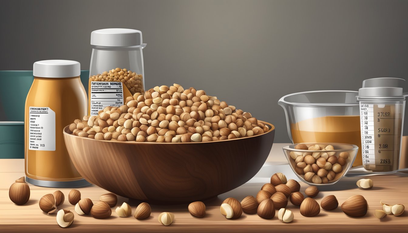 A bowl of hazelnuts spilling out onto a wooden table, surrounded by measuring cups and a nutrition label