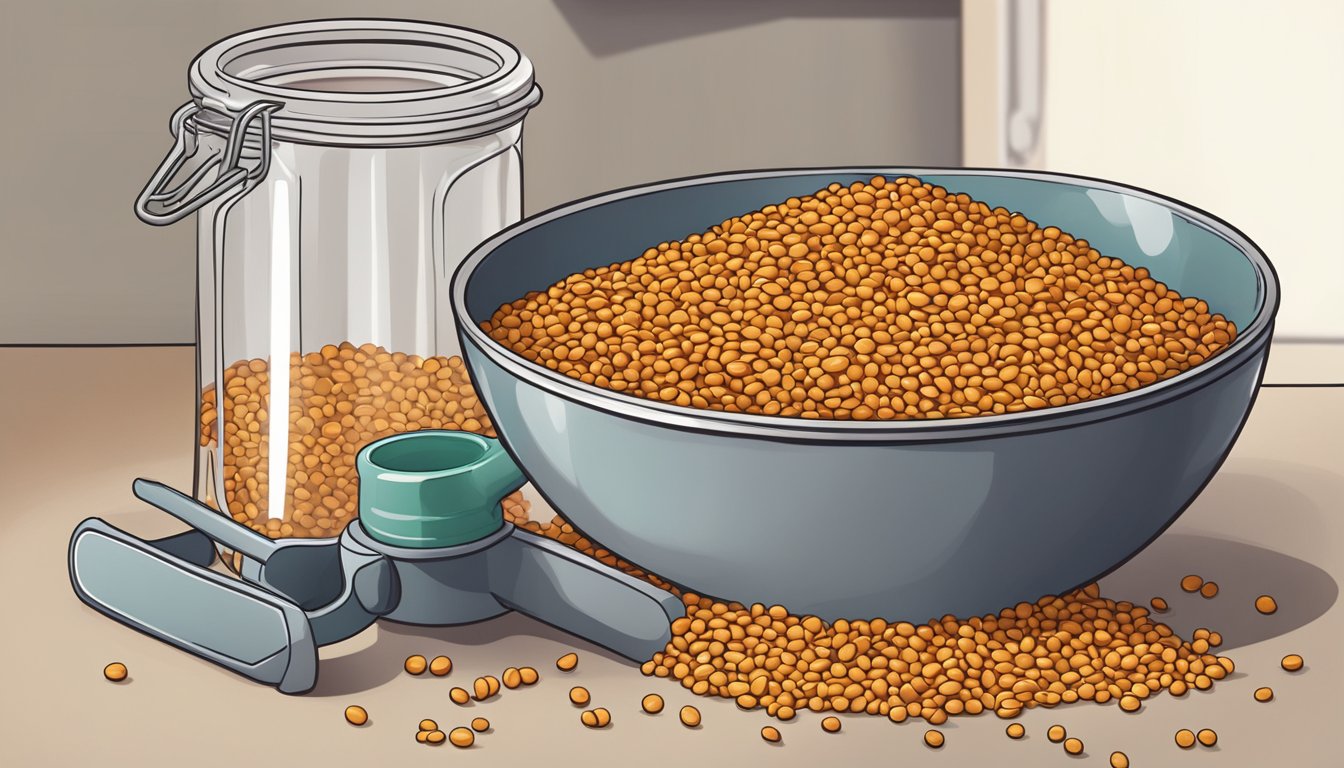 A pile of lentils overflowing from a measuring cup onto a kitchen counter