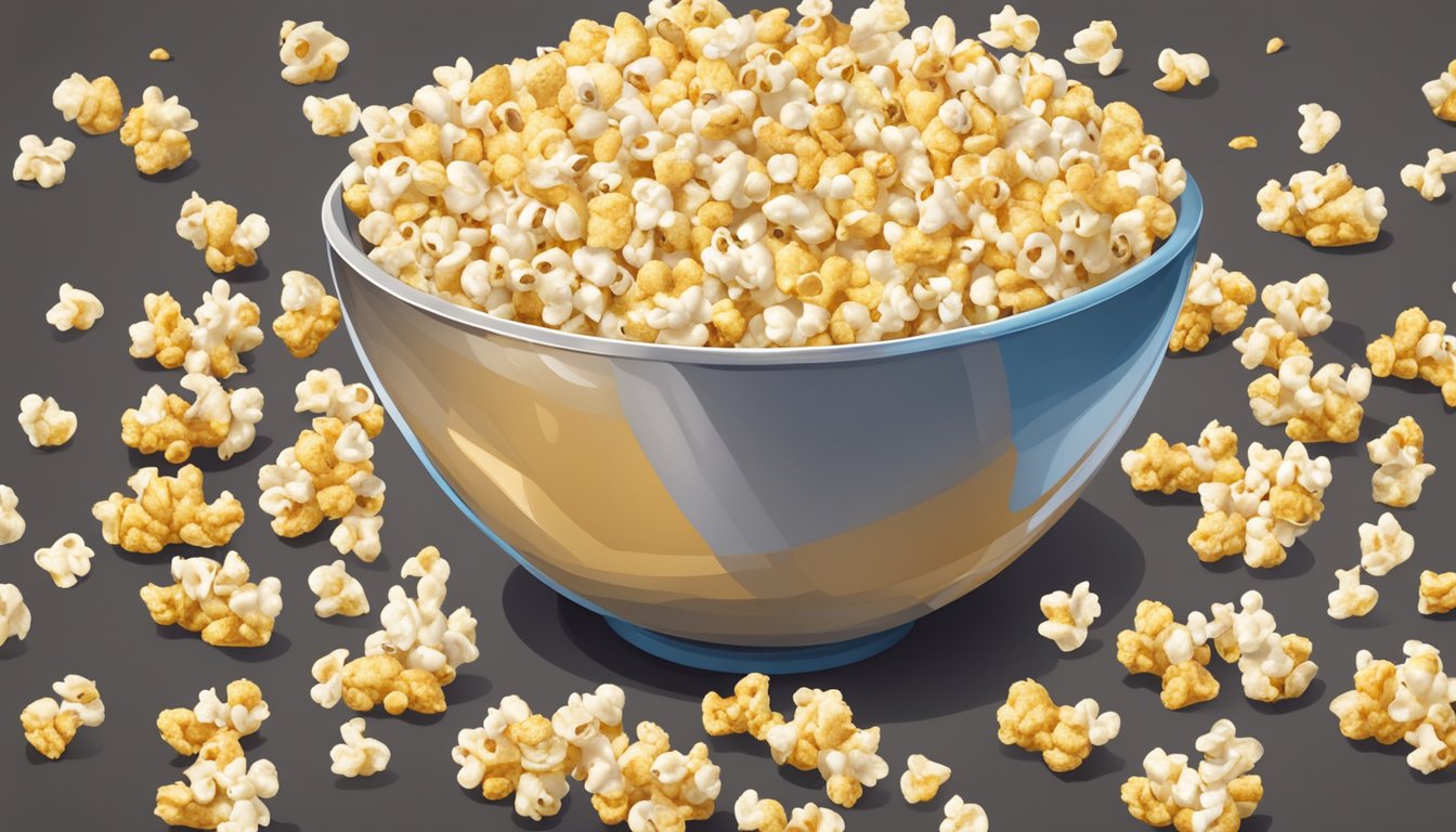 A large bowl of popcorn overflowing with kernels, surrounded by empty cups, with a measuring cup next to it