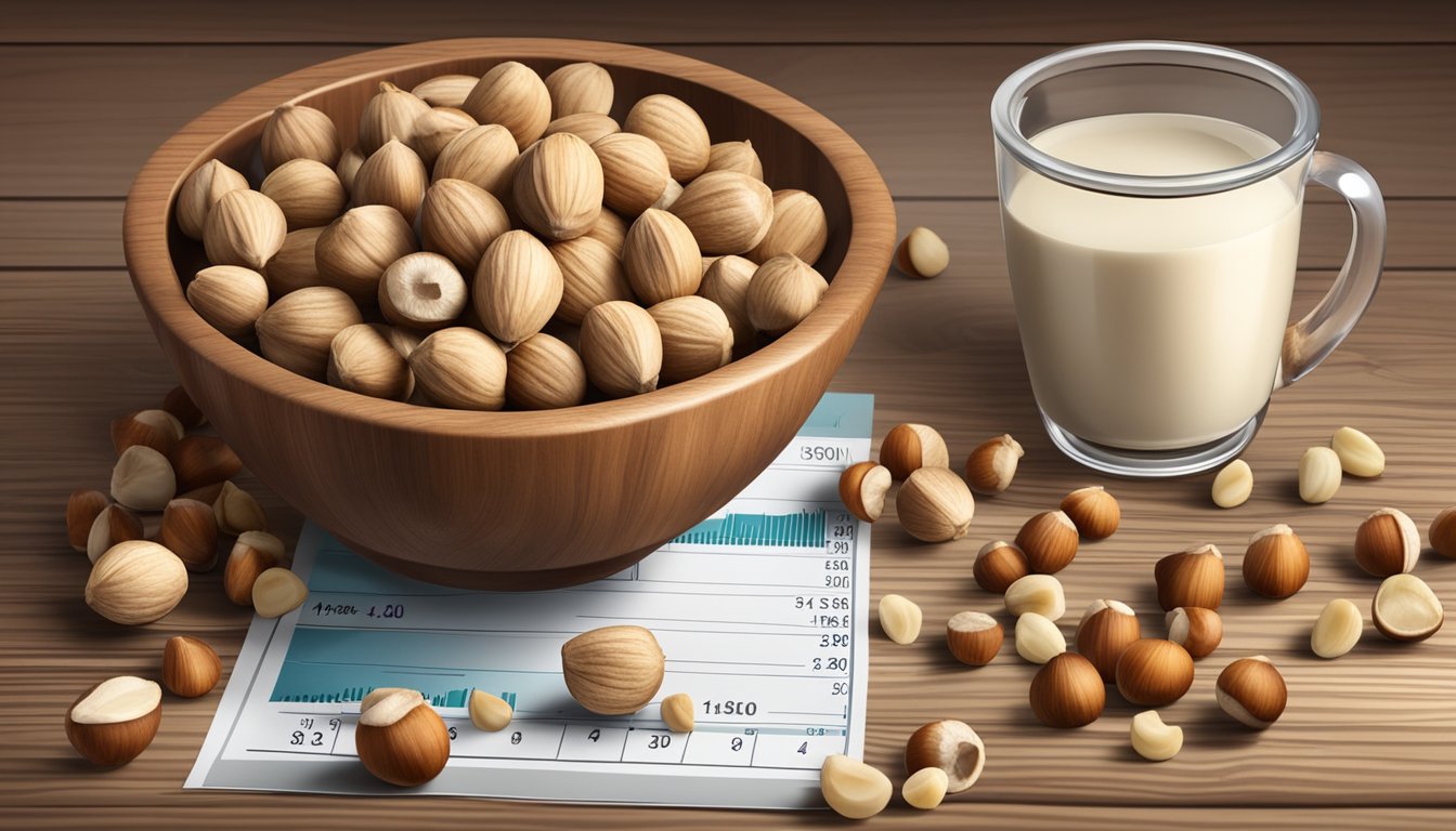 A bowl of hazelnuts surrounded by a measuring cup and a handful of nuts on a wooden table. A nutrition chart with health benefits of hazelnuts is displayed in the background