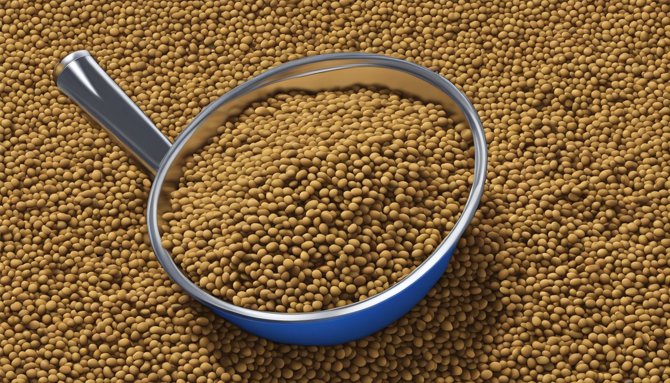 A pile of lentils overflowing from a measuring cup, surrounded by scattered lentils and a warning sign