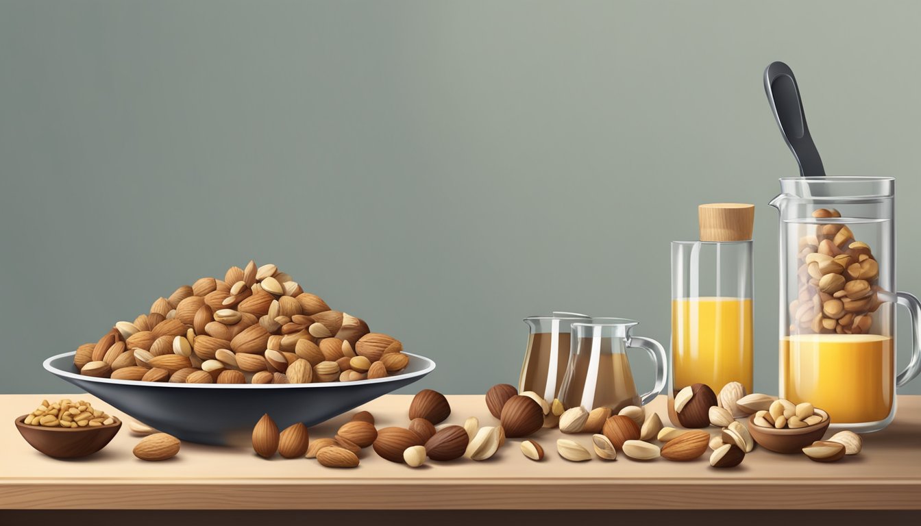 A table with a variety of nuts and a measuring cup