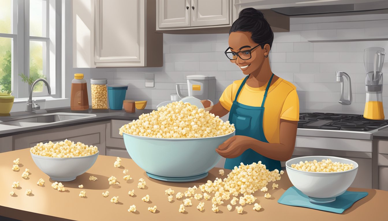 A person measuring out multiple cups of popcorn, with a measuring cup and a bowl on a kitchen counter