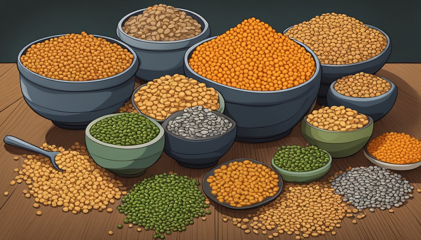 A large pile of lentils overflowing from a measuring cup onto a table, with smaller piles of other legumes nearby for comparison