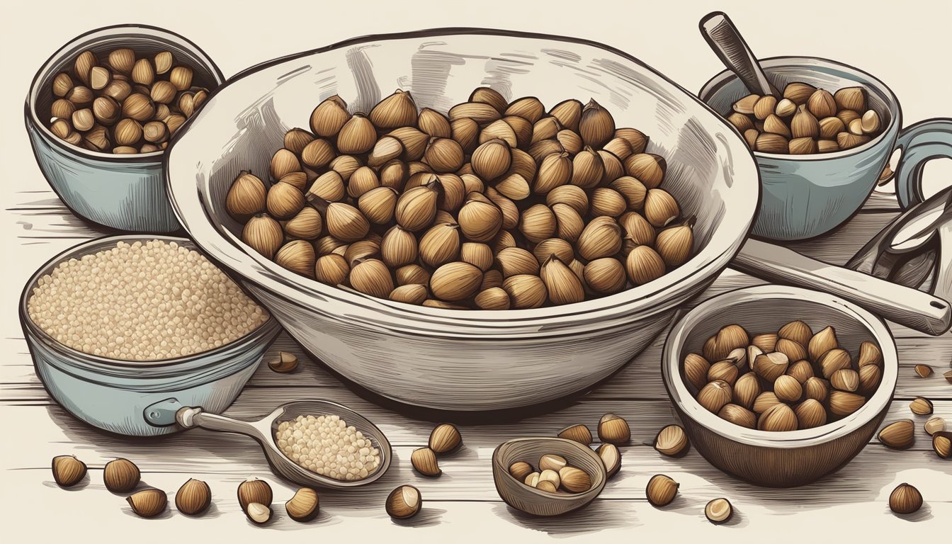 A bowl of hazelnuts sits on a wooden table, surrounded by various kitchen utensils and ingredients. A measuring cup is filled with hazelnuts, ready to be used in a recipe