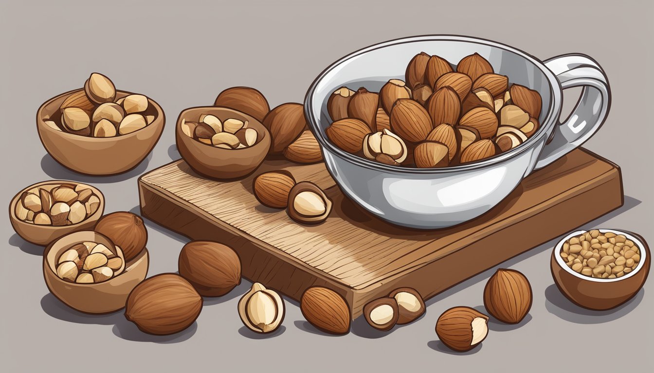 A table with various nuts labeled and a measuring cup filled with hazelnuts