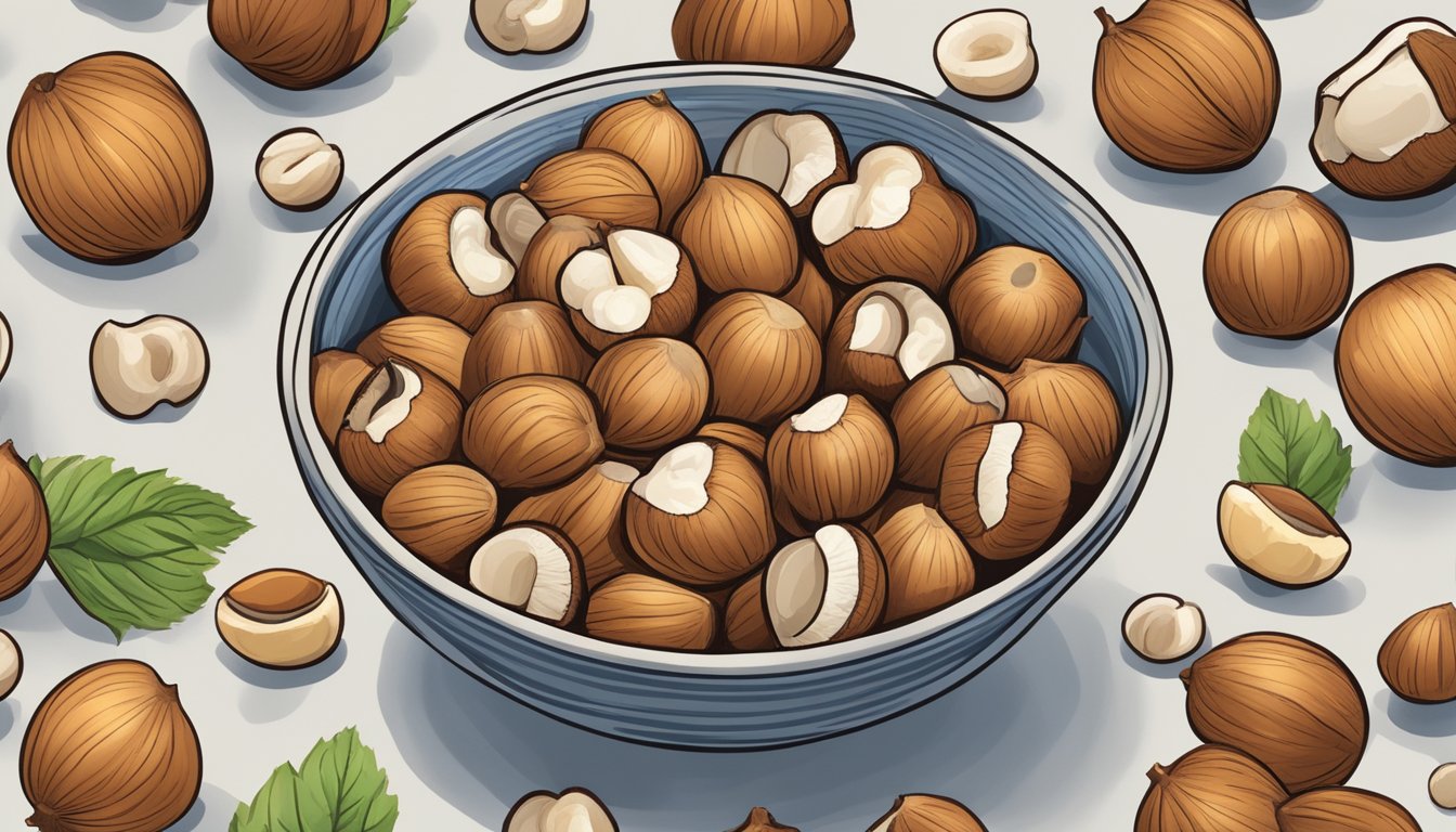 A bowl of hazelnuts surrounded by images of various health conditions