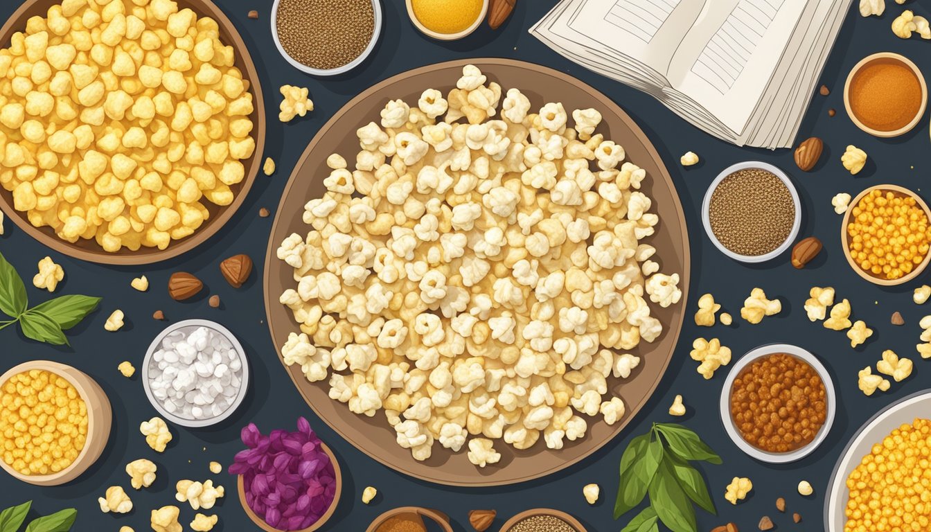 A colorful array of popcorn kernels, surrounded by various ingredients and spices, with recipe books and cooking utensils scattered around