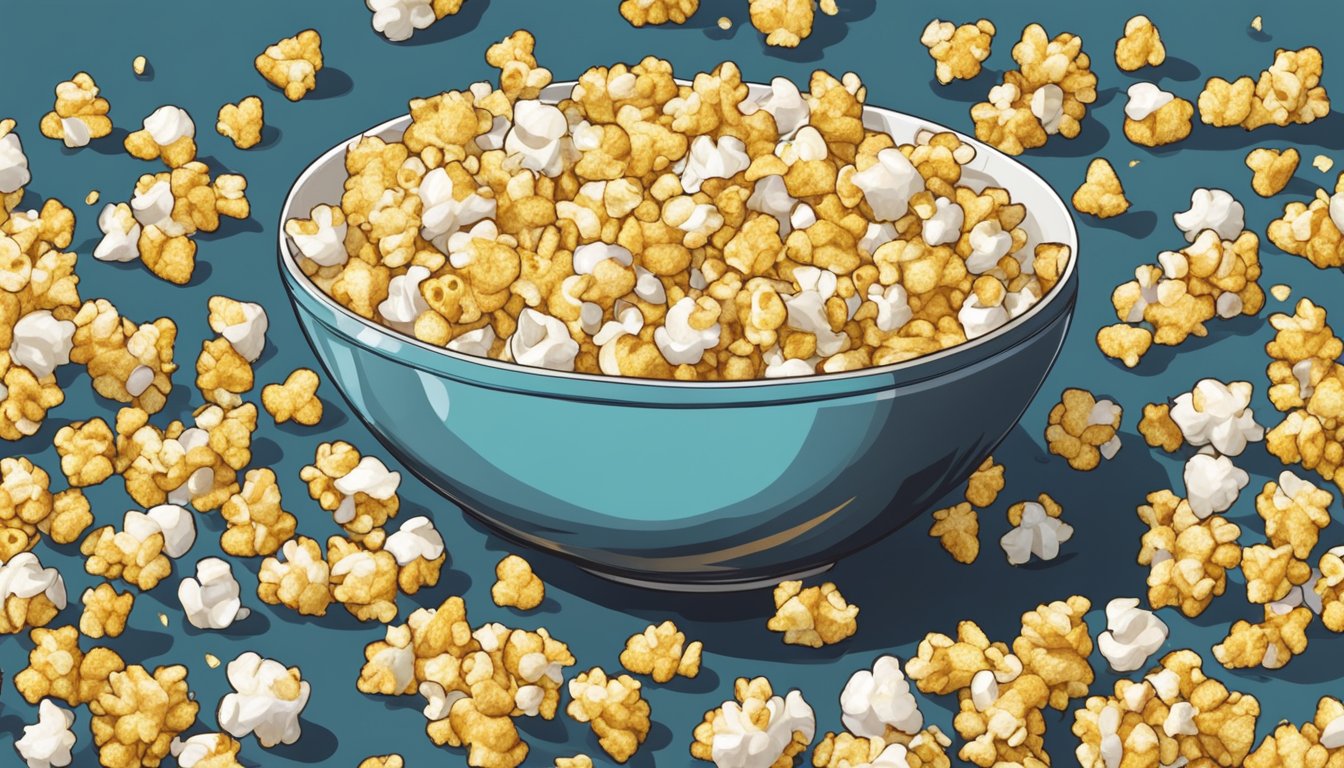 A large bowl overflowing with popcorn, surrounded by empty cups, suggests excessive consumption