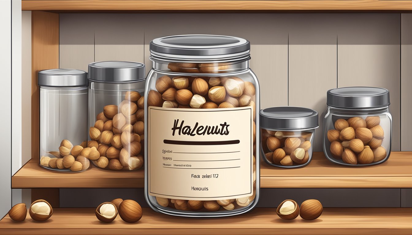 A jar of hazelnuts on a wooden shelf with a label indicating storage and shelf life. A measuring cup next to it