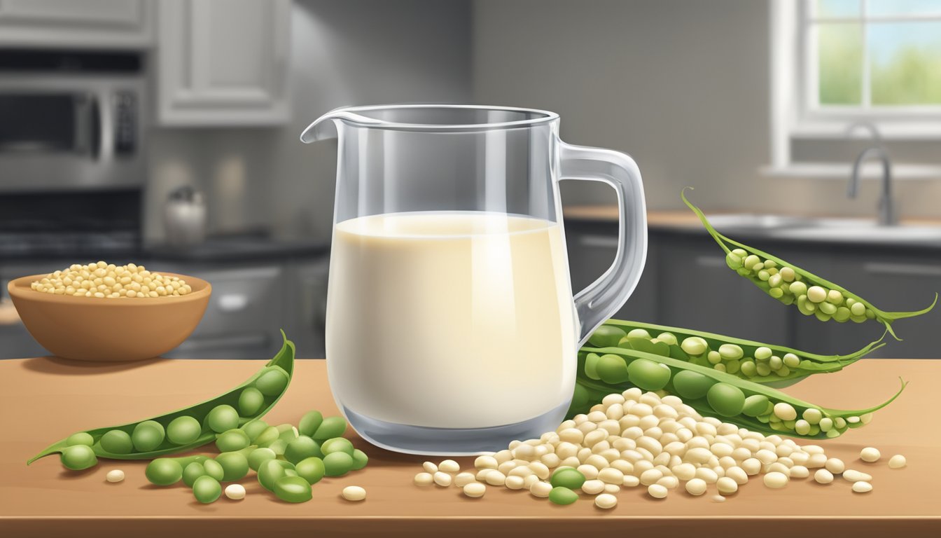 A glass of soy milk overflowing with soybeans, a measuring cup, and a small spill on a kitchen counter