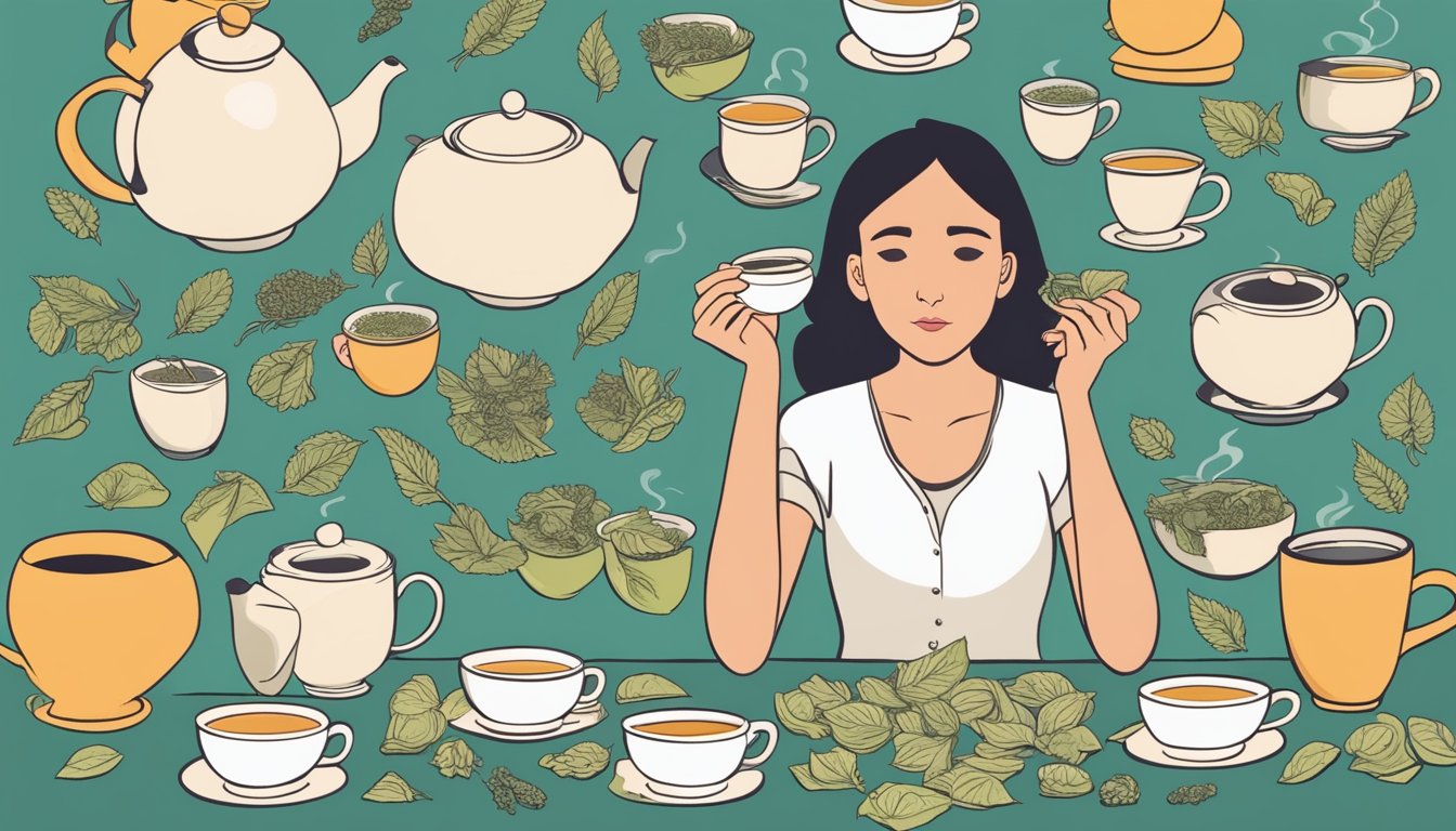 A woman surrounded by various herbal tea bags, cups, and a teapot, with a concerned expression as she measures out an excessive amount of tea