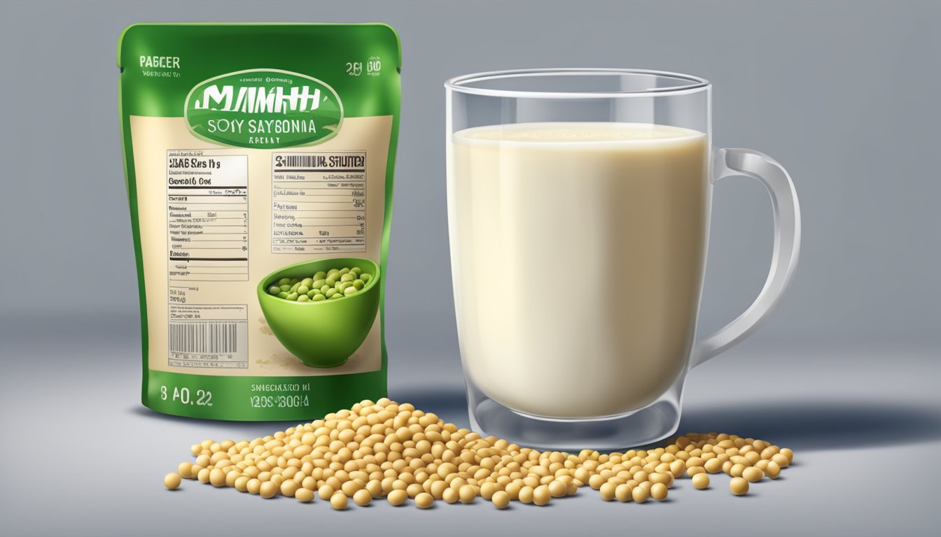 A glass of soy milk overflowing with soybeans, a measuring cup, and a nutrition label