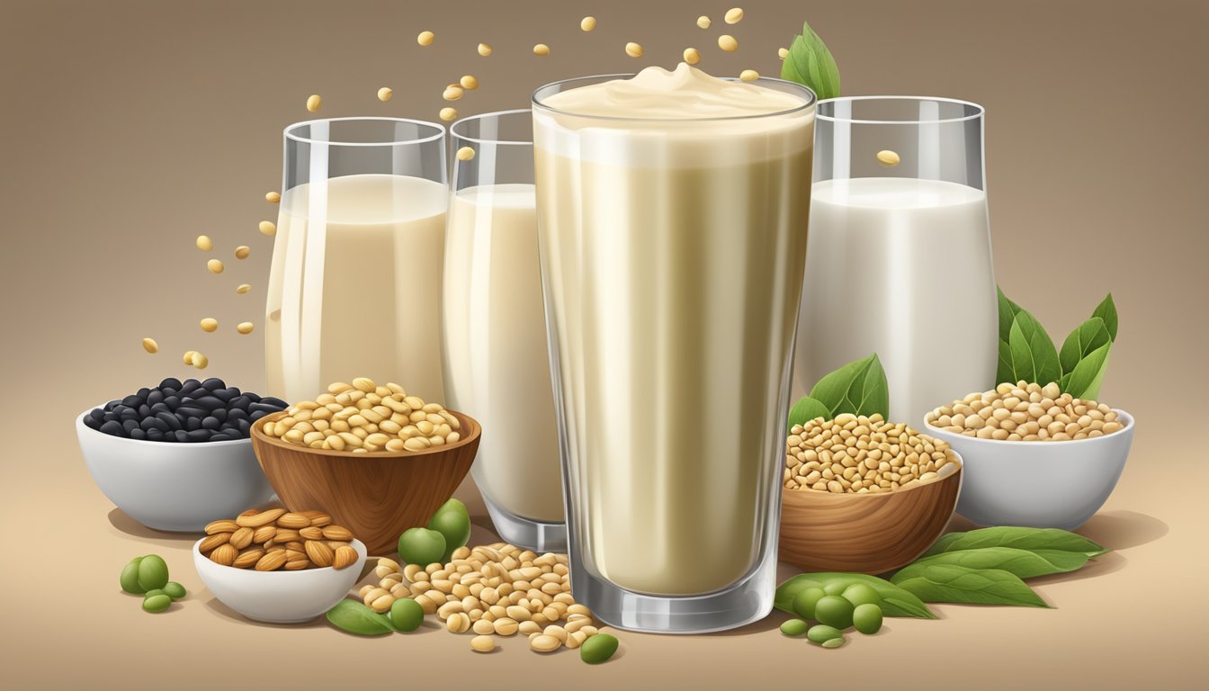 A glass of soy milk overflowing with soybeans, surrounded by various other sources of protein such as nuts, seeds, and legumes