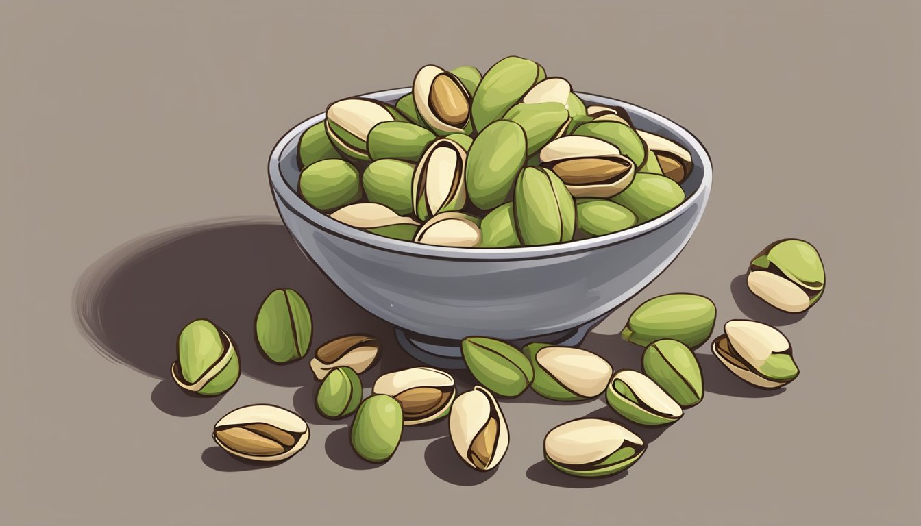 A pile of pistachios spilling out of a cracked shell, with a measuring cup nearby to indicate portion size