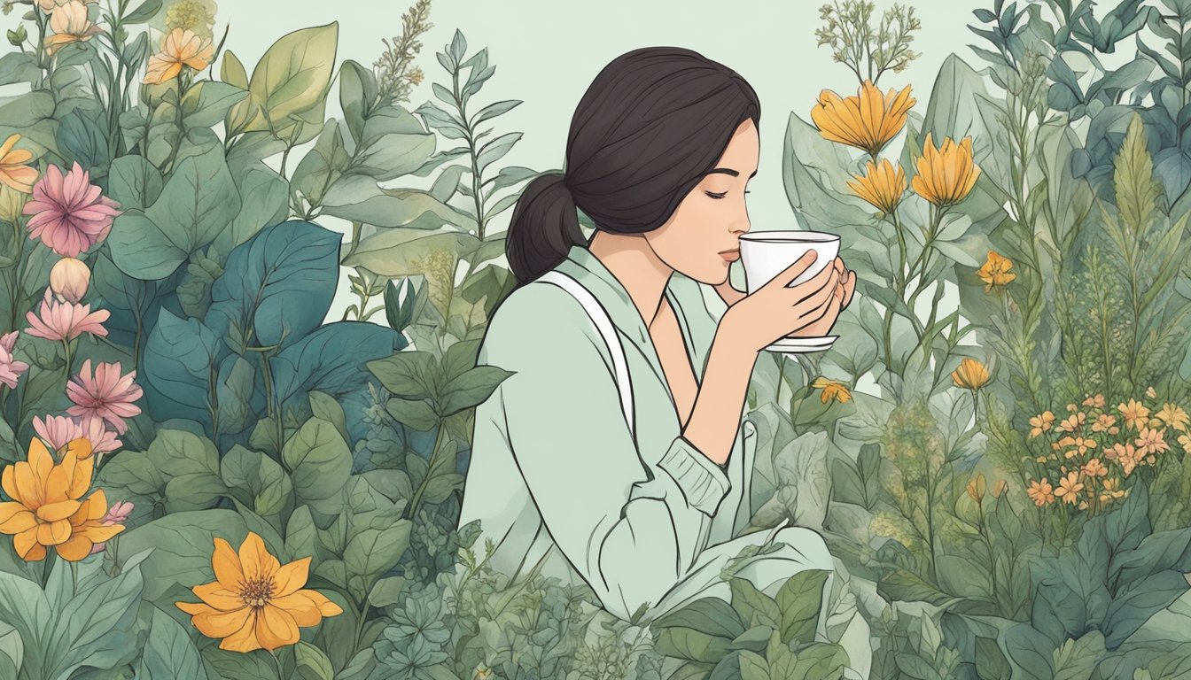 A person peacefully sipping herbal tea surrounded by a variety of blooming herbs and plants