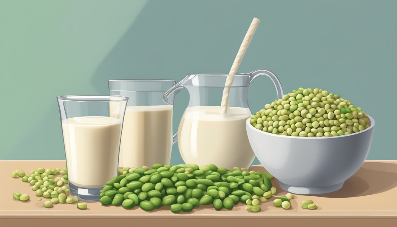 A glass of soy milk overflowing with soybeans, tofu, and edamame arranged around it, with a measuring cup filled with soy milk next to it