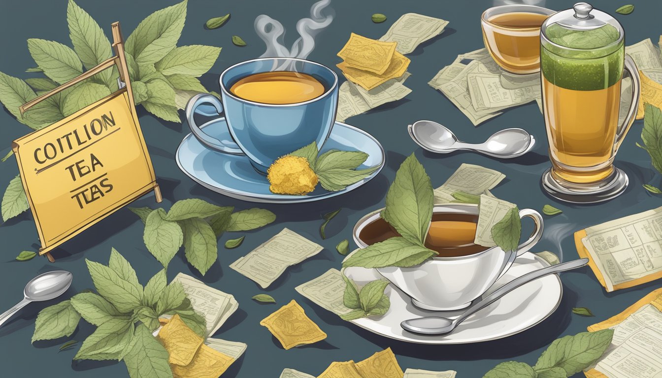 A table covered in various herbal tea bags and a steaming cup, surrounded by caution signs and a measuring spoon