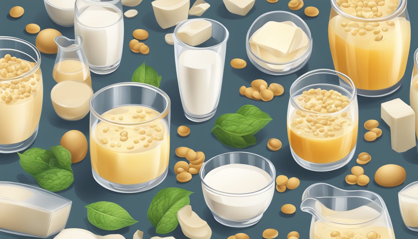 A glass of soy milk overflowing, surrounded by various soy products