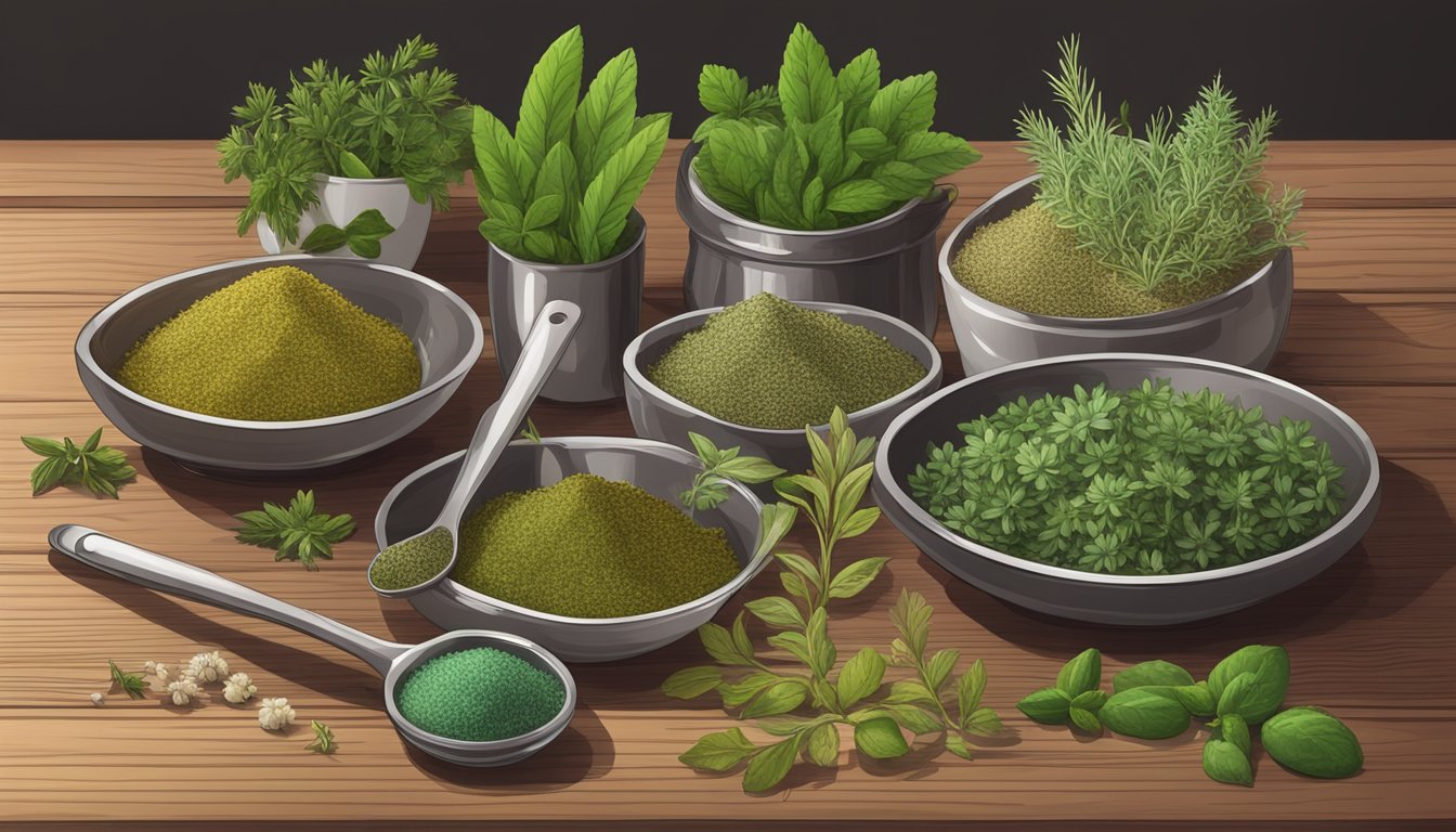 A collection of various herbs and additives arranged on a wooden table, with measuring spoons and cups nearby