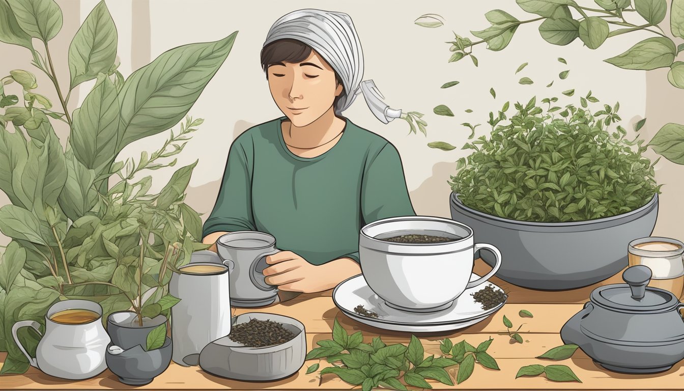 A person surrounded by various types of herbal tea leaves and brewing equipment, with a steaming cup of herbal tea in front of them