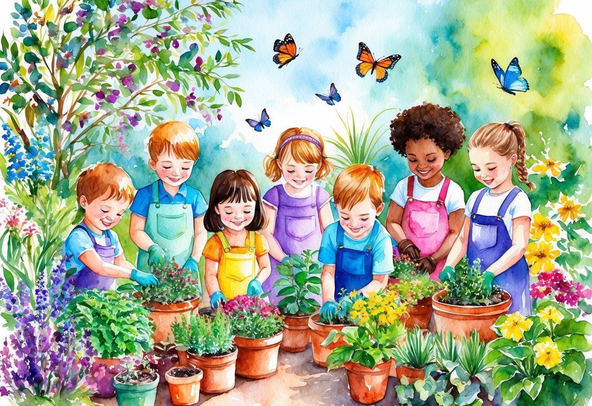 A group of children happily tending to a variety of colorful plants in a vibrant garden, surrounded by butterflies and birds