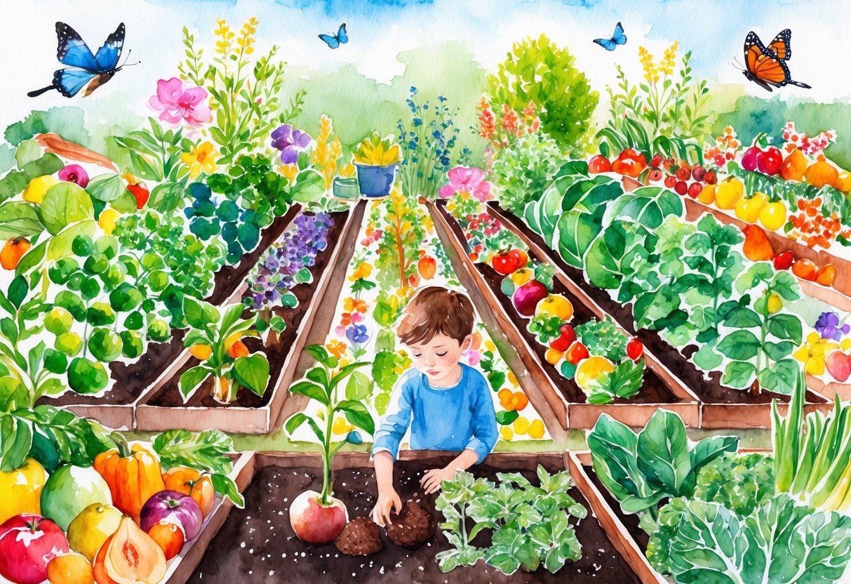 A colorful garden with various fruits, vegetables, and flowers growing in neat rows. A child's hands planting seeds in the soil, surrounded by butterflies and birds