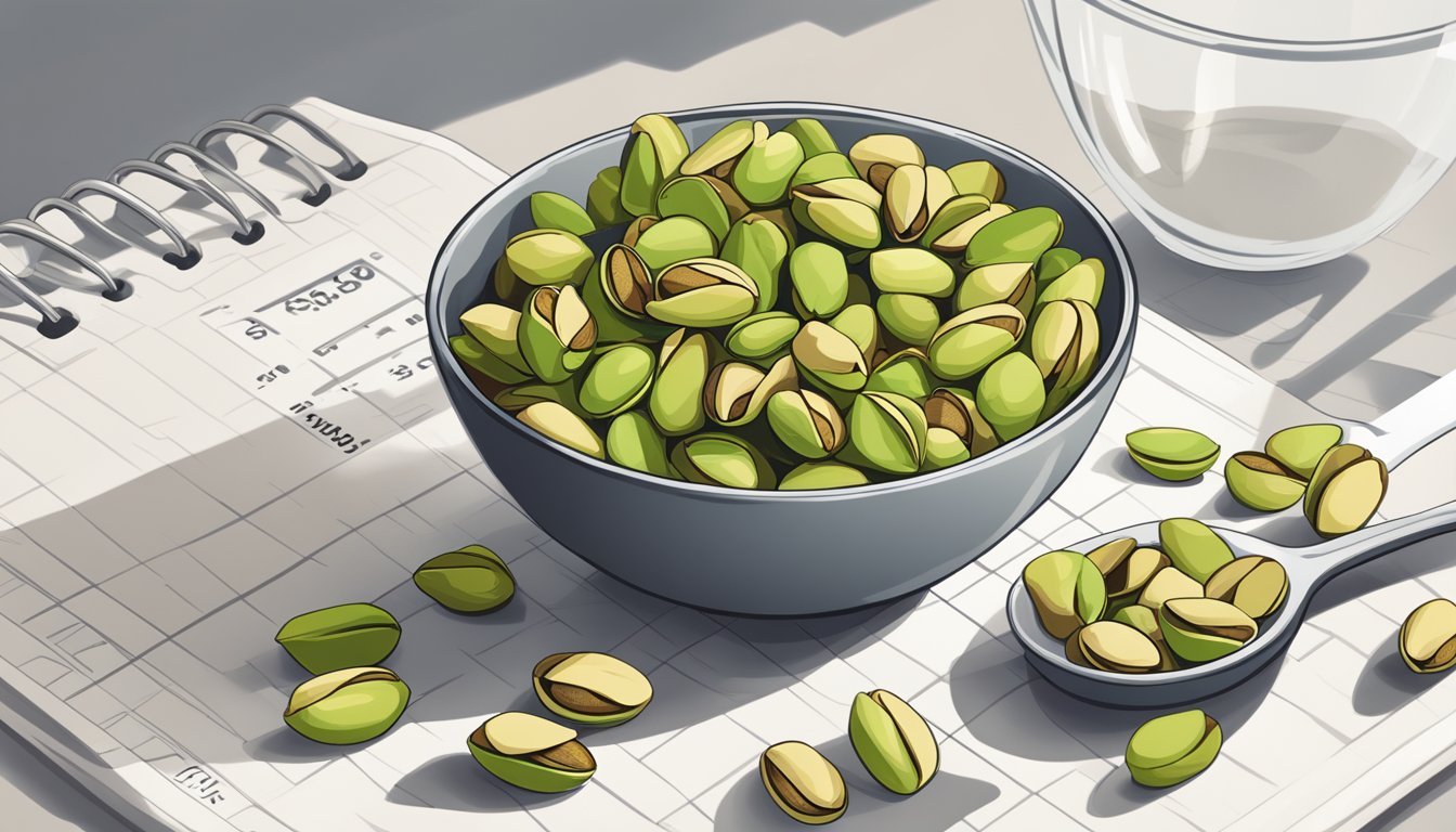 A bowl of pistachios with a measuring cup next to it, indicating portion control. A nutritionist's recommendation chart hangs on the wall