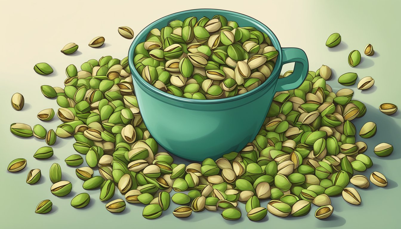 A pile of pistachios overflowing from a measuring cup, with a question mark hovering above