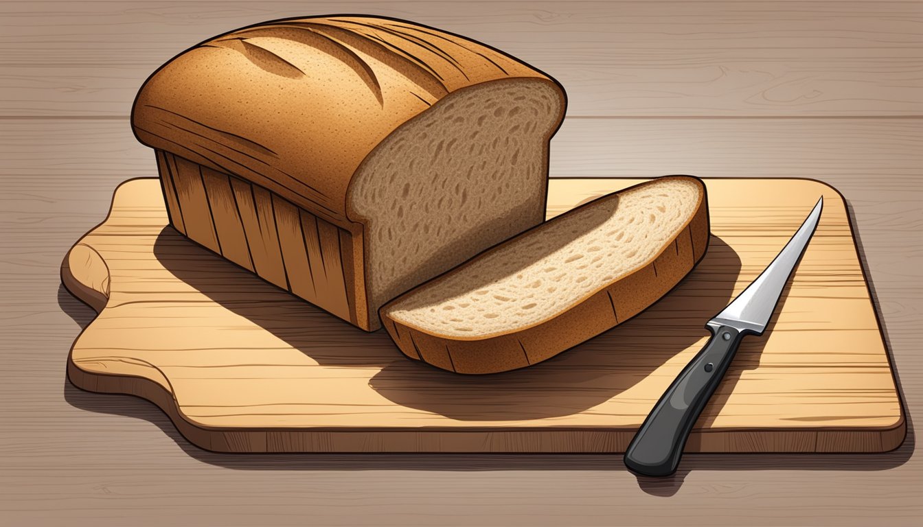 A loaf of whole wheat bread sliced on a wooden cutting board with a knife beside it