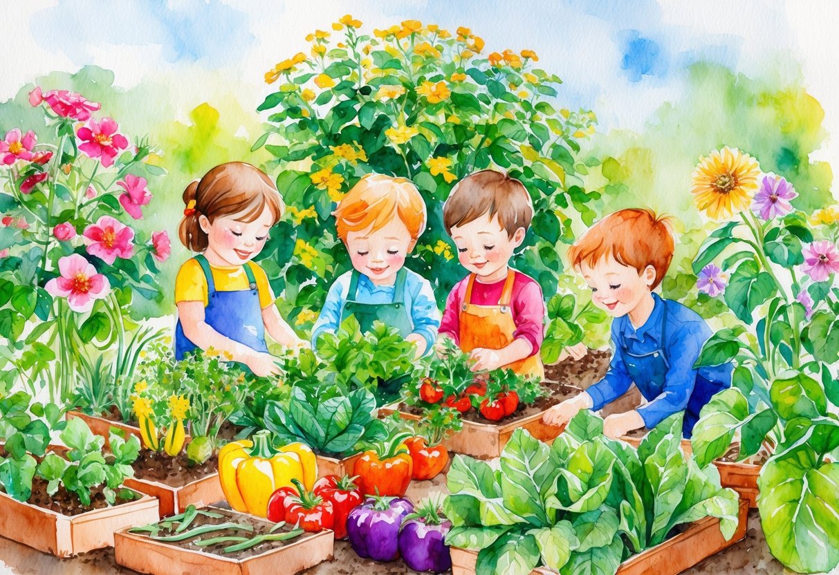 A colorful garden with blooming flowers and thriving vegetables, surrounded by happy, engaged children tending to the plants with care and curiosity. Veggie gardening for kids will help make them strong and healthy.