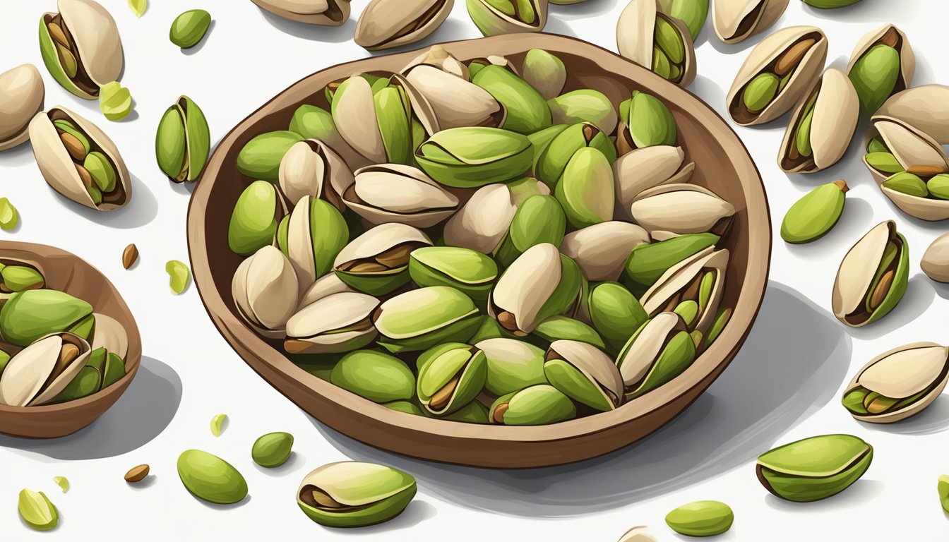 A pile of pistachios spilling out of a cracked shell, surrounded by scattered nuts and a measuring cup