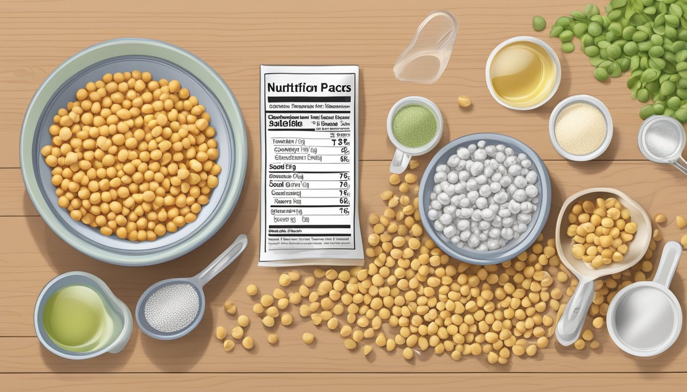 A bowl of chickpeas surrounded by measuring cups and a nutrition label