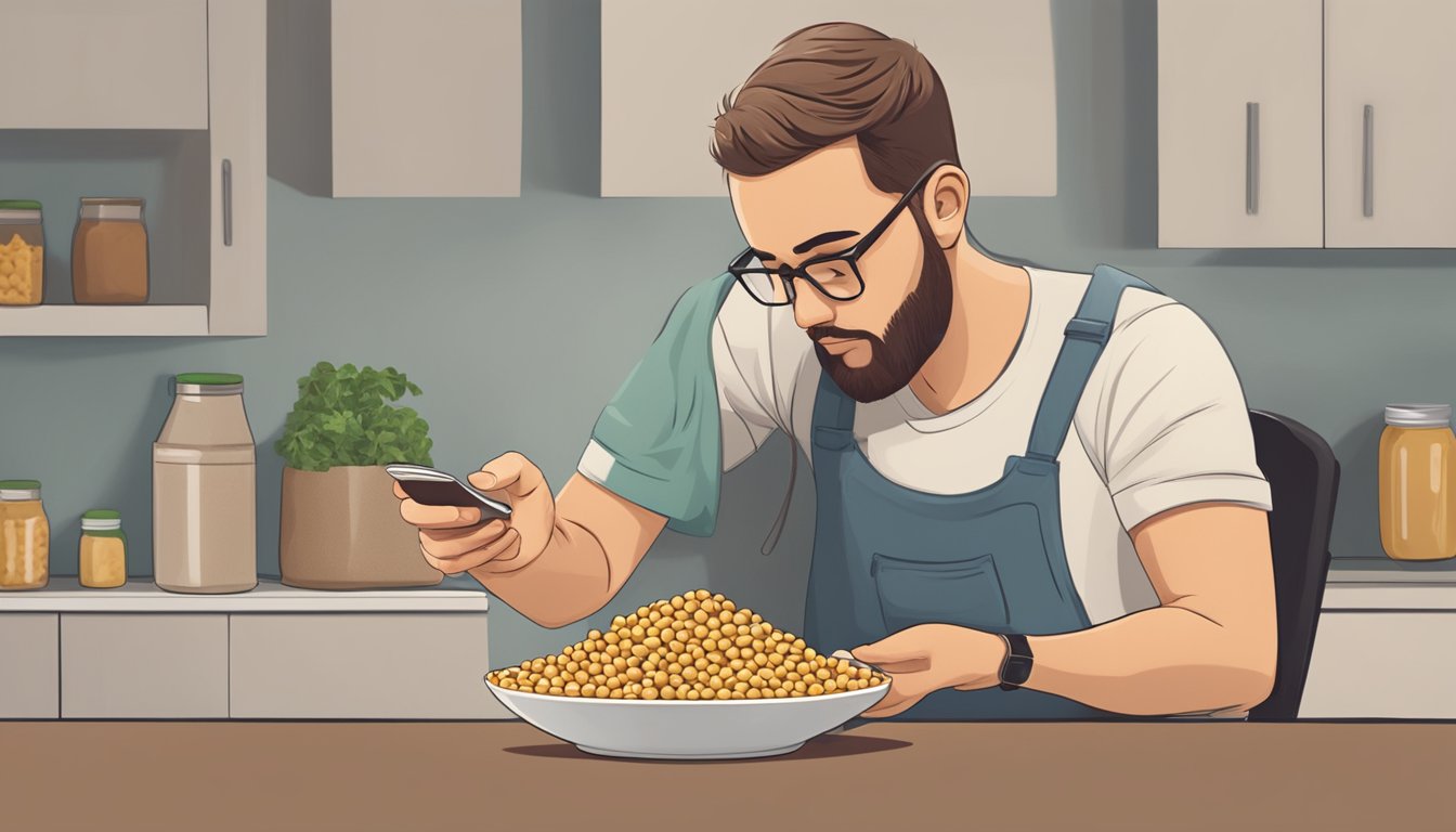 A pile of chickpeas overflowing from a bowl with a concerned individual looking at a nutrition label