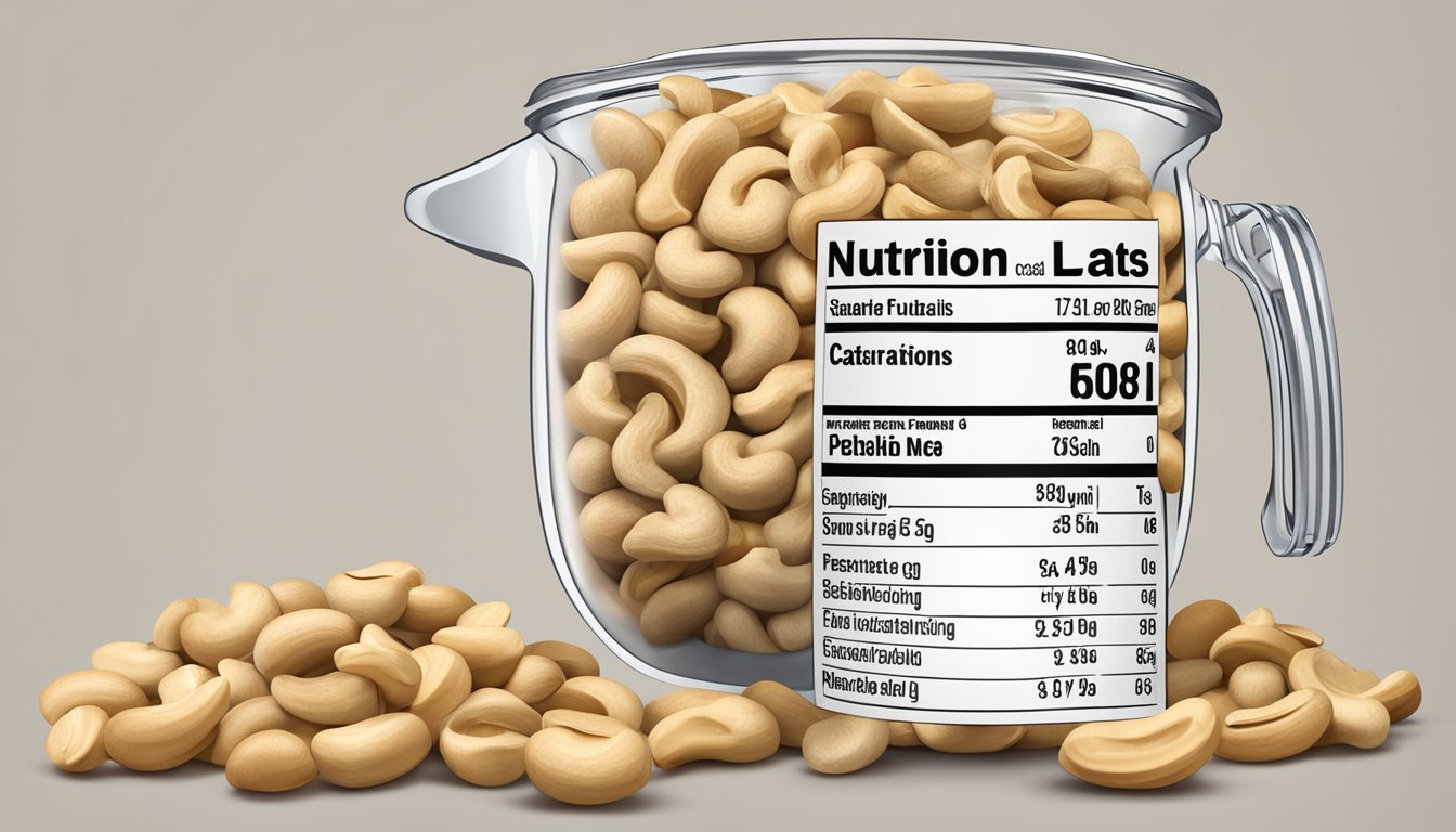 A pile of cashews in a measuring cup next to a nutrition label