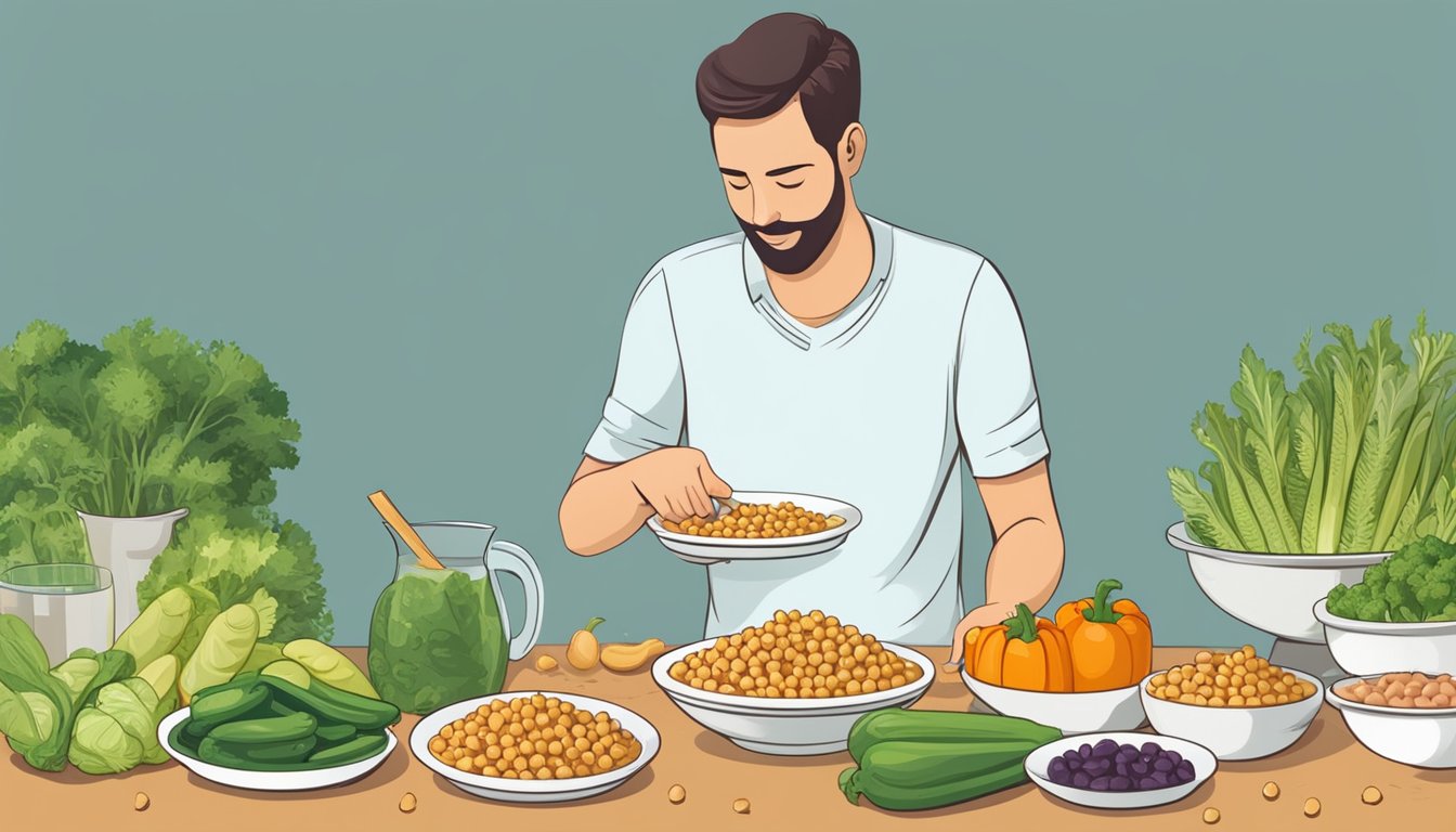 A table with a plate of chickpeas, surrounded by various vegetables and grains. A person holds a measuring cup, pondering portion sizes