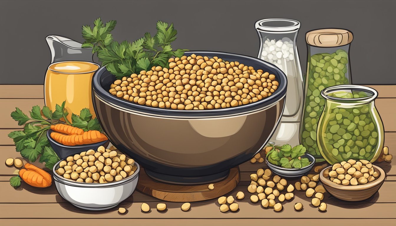 A bowl overflowing with chickpeas, surrounded by various dishes and ingredients, with a measuring cup next to it