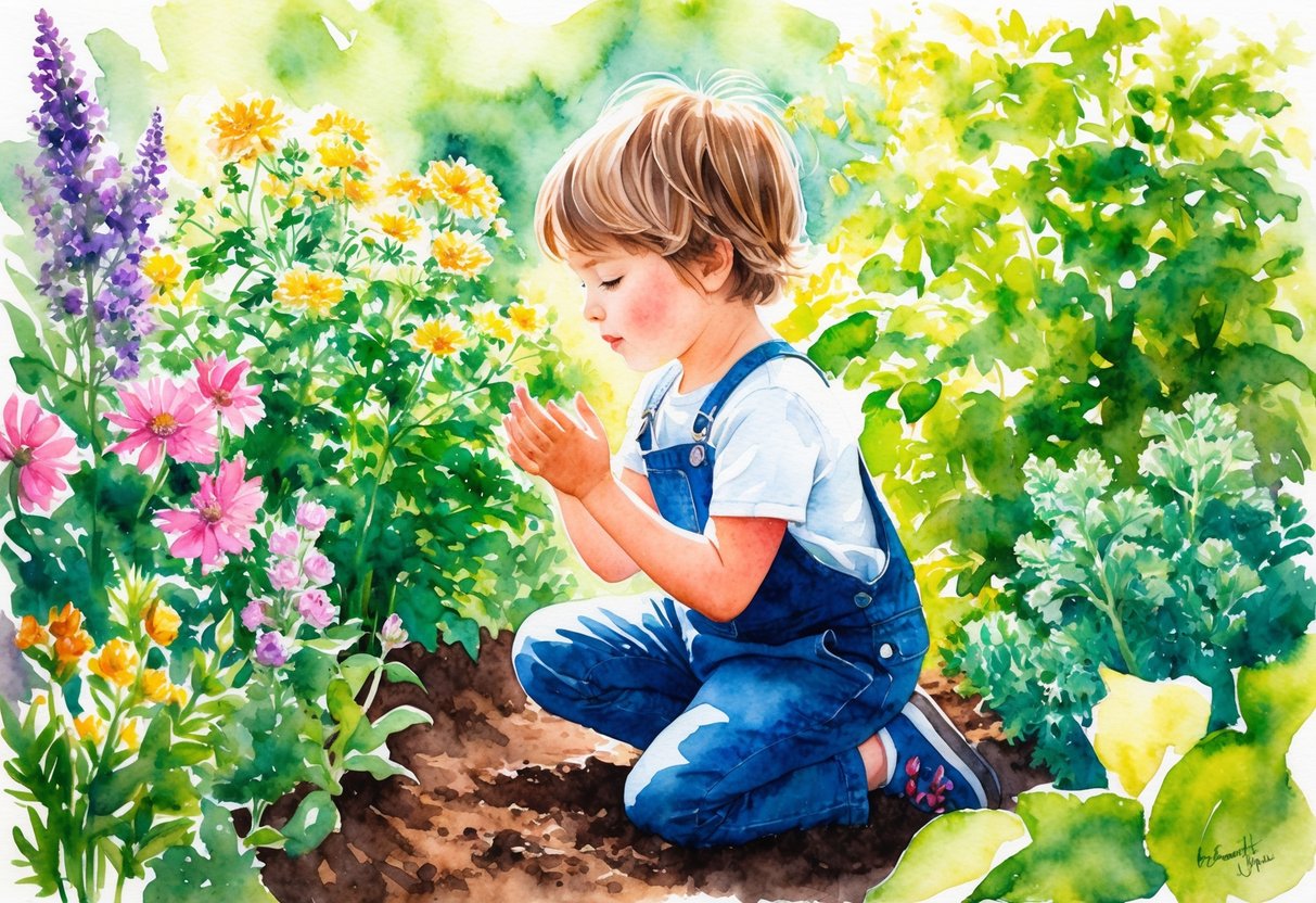 A child kneels in a garden, surrounded by vibrant flowers and herbs. Gardening for kids is a wonderful activity.
